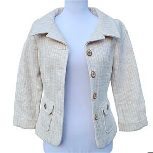 WHBM Tweed Jacket Size 0 Button Front 3/4 Sleeve Beige Blazer White House Black